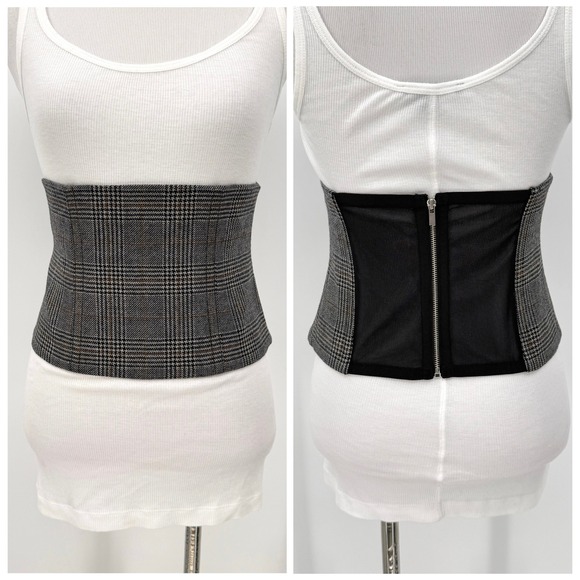 TIBI Glen Plaid Wool Corset Belt Womens 4 Gray Black Sheer Zipper Accessory - Picture 2 of 14